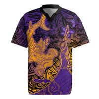 Hawaiian Volcano and Shark Rugby Jersey Polynesian and Hibiscus Pattern Purple Yellow Gradient LT03 Purple - Polynesian Pride