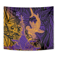 Hawaiian Volcano and Shark Tapestry Polynesian and Hibiscus Pattern Purple Yellow Gradient