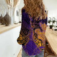 Hawaiian Volcano and Shark Women Casual Shirt Polynesian and Hibiscus Pattern Purple Yellow Gradient