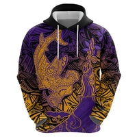 Hawaiian Volcano and Shark Zip Hoodie Polynesian and Hibiscus Pattern Purple Yellow Gradient
