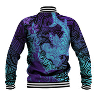 Hawaiian Volcano and Shark Baseball Jacket Polynesian and Hibiscus Pattern Purple Cyan Gradient LT03 - Polynesian Pride