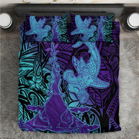 Hawaiian Volcano and Shark Bedding Set Polynesian and Hibiscus Pattern Purple Cyan Gradient