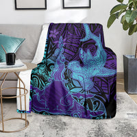 Hawaiian Volcano and Shark Blanket Polynesian and Hibiscus Pattern Purple Cyan Gradient LT03 - Polynesian Pride