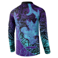 Hawaiian Volcano and Shark Button Sweatshirt Polynesian and Hibiscus Pattern Purple Cyan Gradient LT03 - Polynesian Pride