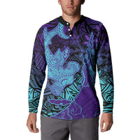 Hawaiian Volcano and Shark Button Sweatshirt Polynesian and Hibiscus Pattern Purple Cyan Gradient LT03 - Polynesian Pride