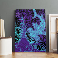 Hawaiian Volcano and Shark Canvas Wall Art Polynesian and Hibiscus Pattern Purple Cyan Gradient
