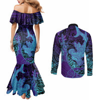 Hawaiian Volcano and Shark Couples Matching Mermaid Dress and Long Sleeve Button Shirt Polynesian and Hibiscus Pattern Purple Cyan Gradient