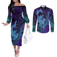 Hawaiian Volcano and Shark Couples Matching Off The Shoulder Long Sleeve Dress and Long Sleeve Button Shirt Polynesian and Hibiscus Pattern Purple Cyan Gradient