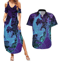 Hawaiian Volcano and Shark Couples Matching Summer Maxi Dress and Hawaiian Shirt Polynesian and Hibiscus Pattern Purple Cyan Gradient LT03 Purple - Polynesian Pride