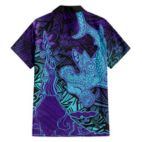 Hawaiian Volcano and Shark Family Matching Long Sleeve Bodycon Dress and Hawaiian Shirt Polynesian and Hibiscus Pattern Purple Cyan Gradient