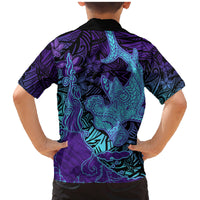 Hawaiian Volcano and Shark Family Matching Mermaid Dress and Hawaiian Shirt Polynesian and Hibiscus Pattern Purple Cyan Gradient