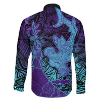 Hawaiian Volcano and Shark Family Matching Off The Shoulder Long Sleeve Dress and Hawaiian Shirt Polynesian and Hibiscus Pattern Purple Cyan Gradient