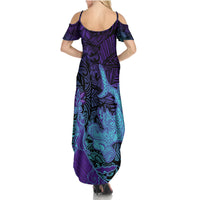 Hawaiian Volcano and Shark Family Matching Summer Maxi Dress and Hawaiian Shirt Polynesian and Hibiscus Pattern Purple Cyan Gradient