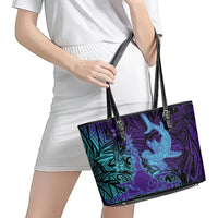 Hawaiian Volcano and Shark Leather Tote Bag Polynesian and Hibiscus Pattern Purple Cyan Gradient LT03 - Polynesian Pride