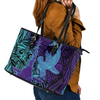 Hawaiian Volcano and Shark Leather Tote Bag Polynesian and Hibiscus Pattern Purple Cyan Gradient LT03 - Polynesian Pride