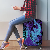 Hawaiian Volcano and Shark Luggage Cover Polynesian and Hibiscus Pattern Purple Cyan Gradient
