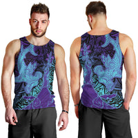 Hawaiian Volcano and Shark Men Tank Top Polynesian and Hibiscus Pattern Purple Cyan Gradient