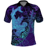 Hawaiian Volcano and Shark Polo Shirt Polynesian and Hibiscus Pattern Purple Cyan Gradient