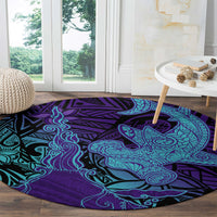Hawaiian Volcano and Shark Round Carpet Polynesian and Hibiscus Pattern Purple Cyan Gradient