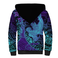 Hawaiian Volcano and Shark Sherpa Hoodie Polynesian and Hibiscus Pattern Purple Cyan Gradient