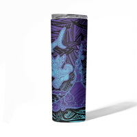 Hawaiian Volcano and Shark Skinny Tumbler Polynesian and Hibiscus Pattern Purple Cyan Gradient
