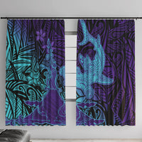 Hawaiian Volcano and Shark Window Curtain Polynesian and Hibiscus Pattern Purple Cyan Gradient LT03 With Hooks Purple - Polynesian Pride