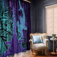 Hawaiian Volcano and Shark Window Curtain Polynesian and Hibiscus Pattern Purple Cyan Gradient LT03 - Polynesian Pride