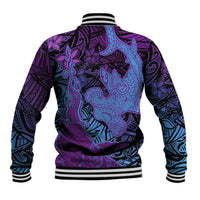 Hawaiian Volcano and Shark Baseball Jacket Polynesian and Hibiscus Pattern Violet Gradient LT03 - Polynesian Pride