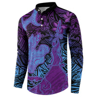 Hawaiian Volcano and Shark Button Sweatshirt Polynesian and Hibiscus Pattern Violet Gradient LT03 - Polynesian Pride