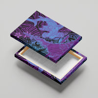Hawaiian Volcano and Shark Canvas Wall Art Polynesian and Hibiscus Pattern Violet Gradient