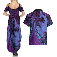 Hawaiian Volcano and Shark Couples Matching Summer Maxi Dress and Hawaiian Shirt Polynesian and Hibiscus Pattern Violet Gradient