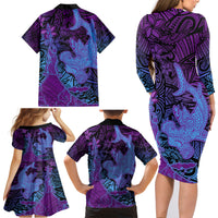 Hawaiian Volcano and Shark Family Matching Long Sleeve Bodycon Dress and Hawaiian Shirt Polynesian and Hibiscus Pattern Violet Gradient