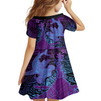 Hawaiian Volcano and Shark Family Matching Short Sleeve Bodycon Dress and Hawaiian Shirt Polynesian and Hibiscus Pattern Violet Gradient