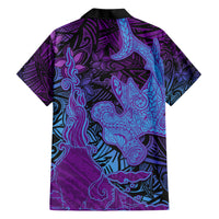 Hawaiian Volcano and Shark Family Matching Short Sleeve Bodycon Dress and Hawaiian Shirt Polynesian and Hibiscus Pattern Violet Gradient