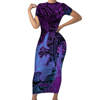 Hawaiian Volcano and Shark Family Matching Short Sleeve Bodycon Dress and Hawaiian Shirt Polynesian and Hibiscus Pattern Violet Gradient