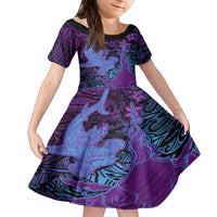 Hawaiian Volcano and Shark Kid Short Sleeve Dress Polynesian and Hibiscus Pattern Violet Gradient