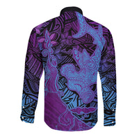Hawaiian Volcano and Shark Long Sleeve Button Shirt Polynesian and Hibiscus Pattern Violet Gradient