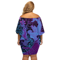 Hawaiian Volcano and Shark Off Shoulder Short Dress Polynesian and Hibiscus Pattern Violet Gradient