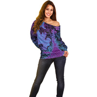 Hawaiian Volcano and Shark Off Shoulder Sweater Polynesian and Hibiscus Pattern Violet Gradient