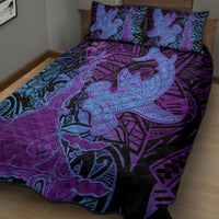 Hawaiian Volcano and Shark Quilt Bed Set Polynesian and Hibiscus Pattern Violet Gradient