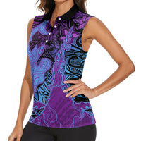 Hawaiian Volcano and Shark Women Sleeveless Polo Shirt Polynesian and Hibiscus Pattern Violet Gradient