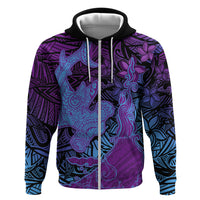 Hawaiian Volcano and Shark Zip Hoodie Polynesian and Hibiscus Pattern Violet Gradient
