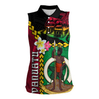Vanuatu Nakamal and Plumeria Flowers Women Sleeveless Polo Shirt Polynesian Pattern LT03 Female Black - Polynesian Pride