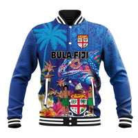 Fiji Bula Baseball Jacket Tropical Plants with Palm Tree and Iguana Colorful LT03 Unisex Blue - Polynesian Pride