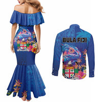 Fiji Bula Couples Matching Mermaid Dress and Long Sleeve Button Shirt Tropical Plants with Palm Tree and Iguana Colorful