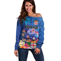 Fiji Bula Off Shoulder Sweater Tropical Plants with Palm Tree and Iguana Colorful LT03 Women Blue - Polynesian Pride