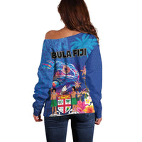 Fiji Bula Off Shoulder Sweater Tropical Plants with Palm Tree and Iguana Colorful LT03 - Polynesian Pride