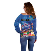Fiji Bula Off Shoulder Sweater Tropical Plants with Palm Tree and Iguana Colorful LT03 - Polynesian Pride