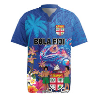 Fiji Bula Rugby Jersey Tropical Plants with Palm Tree and Iguana Colorful LT03 Blue - Polynesian Pride