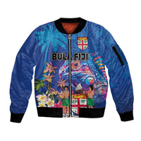 Fiji Bula Sleeve Zip Bomber Jacket Tropical Plants with Palm Tree and Iguana Colorful